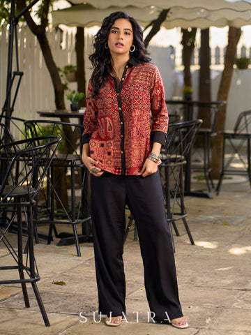 Artisan Maroon Ajrakh Patchwork Printed Cotton Shirt with Contrast Collar & Cuffs