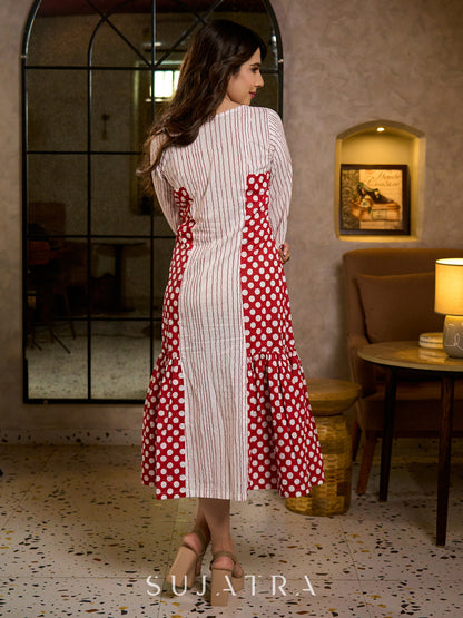 Retro White & Red Hand Block Printed Cotton Dress with Mixed Stripe & Dot Panels & Flounce Hem