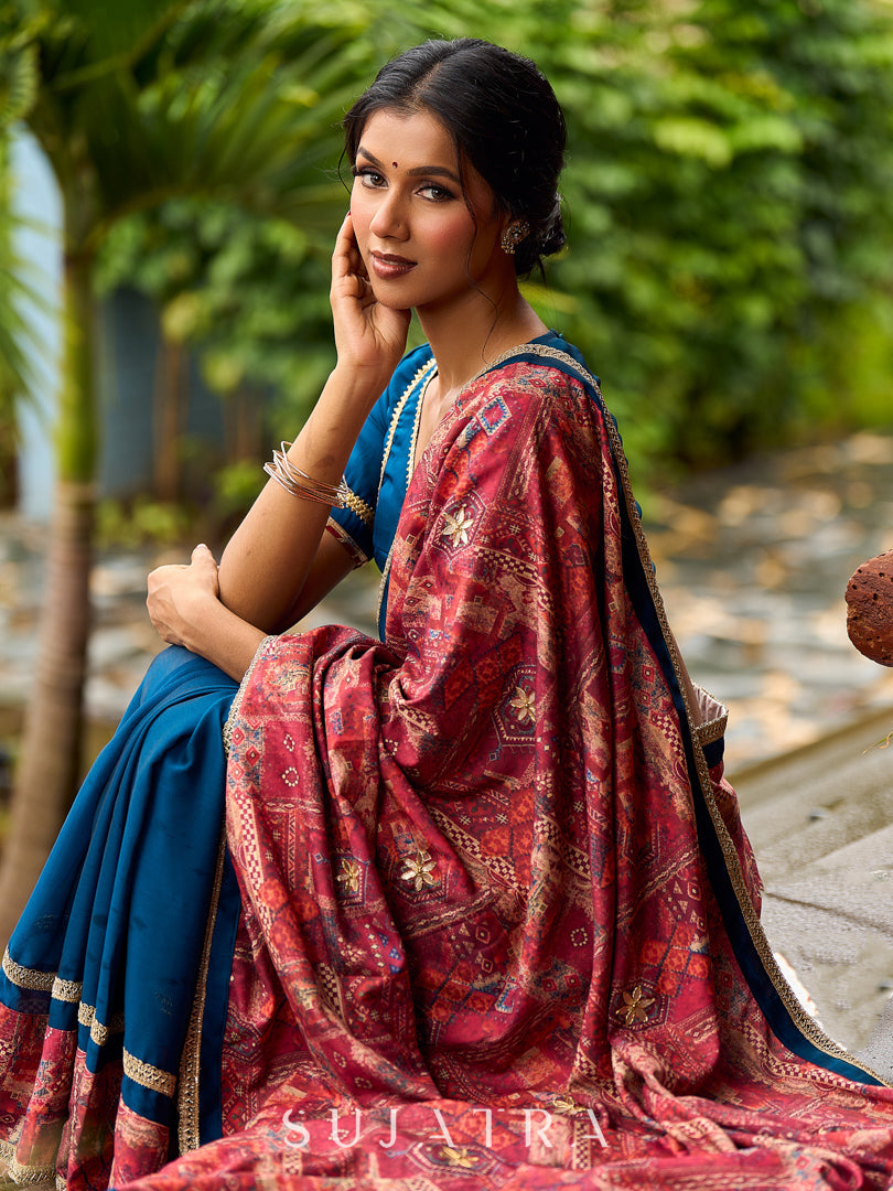 Elegant Navy Blue & Rust Half-and-Half Georgette Saree with Gotapatti Hand Embroidered Pallu