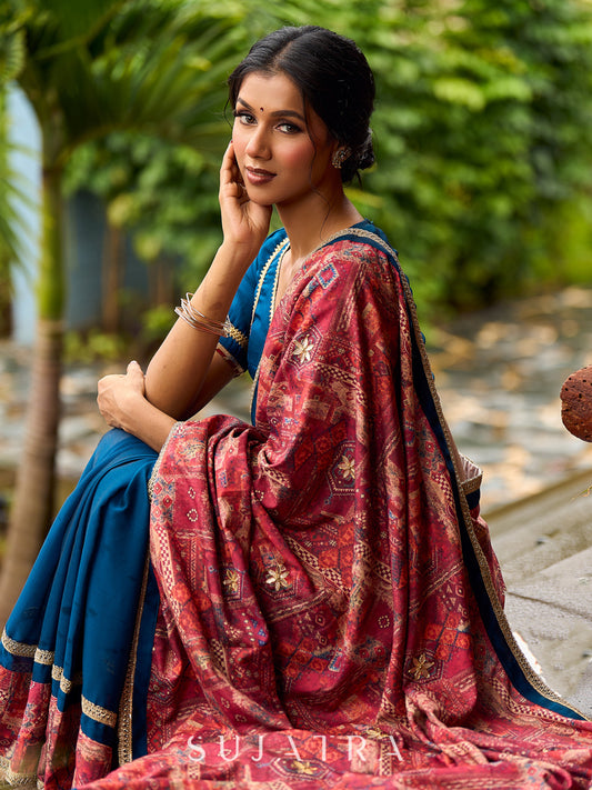 Elegant Navy Blue & Rust Half-and-Half Georgette Saree with Gotapatti Hand Embroidered Pallu