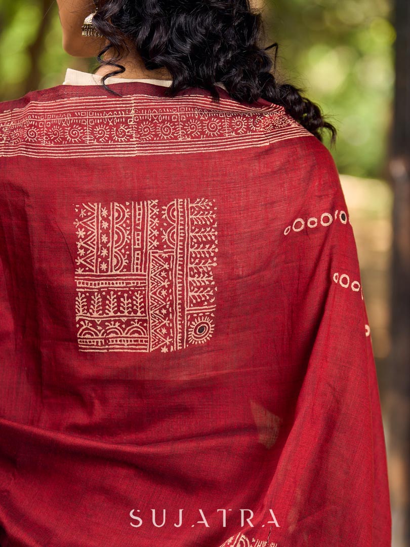 Chic Maroon Cotton Saree with Modern Abstract Hand Block Print