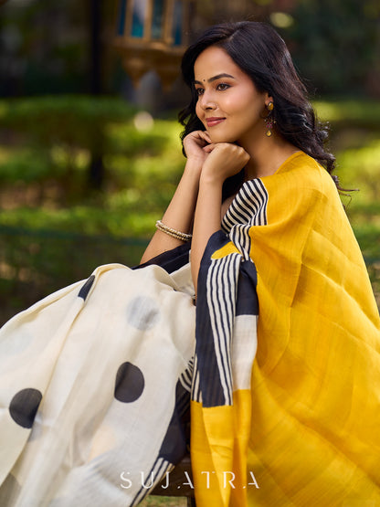 Elegant Geometric Printed Saree Crafted in Striking Mustard & Ivory Tones