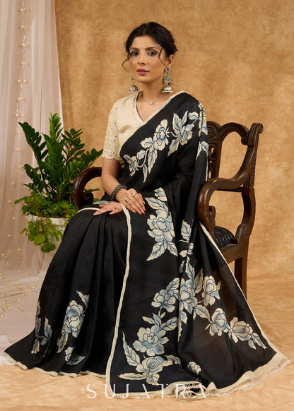 Exquisite Black Hand Painted Pure Silk Saree With Floral Motifs