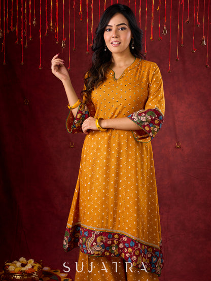 Marigold Yellow Bandhani Asymmetrical Kurta with Kalamkari Accents and Minimal Embellishments