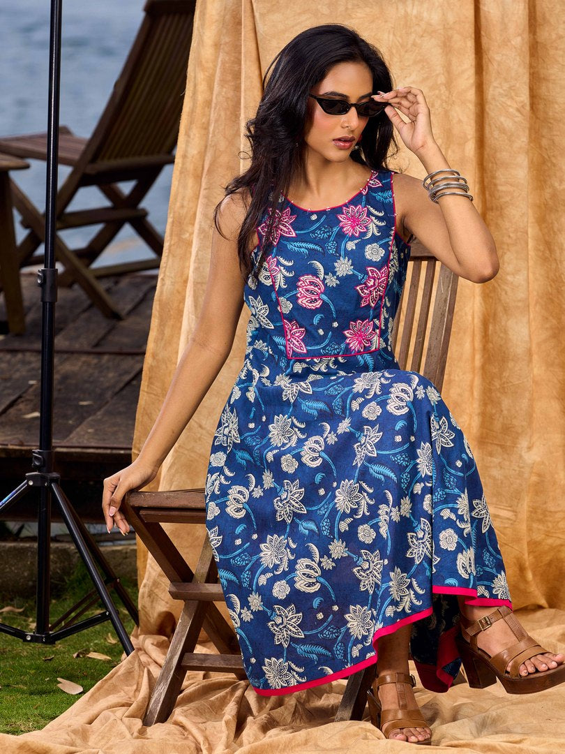 Navy Blue Indigo Cotton Dress With Pink Floral Embroidered Highlights
