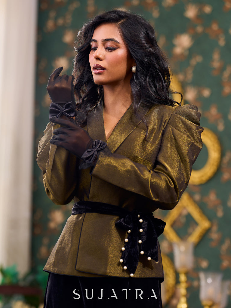 Graceful Black Tissue Shimmer Jacket with Dramatic Puffy Sleeves and Embellished Velvet Waist Belt