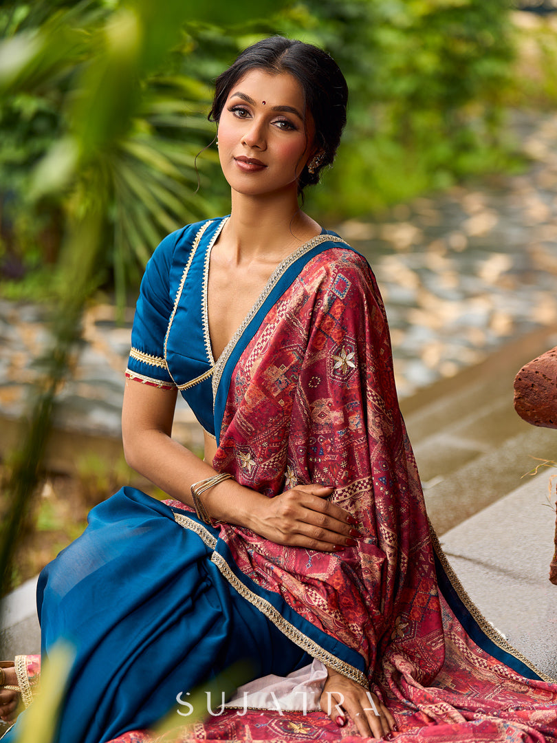 Elegant Navy Blue & Rust Half-and-Half Georgette Saree with Gotapatti Hand Embroidered Pallu