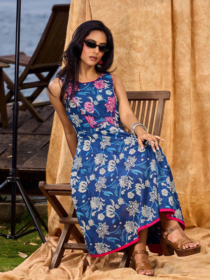 Navy Blue Indigo Cotton Dress With Pink Floral Embroidered Highlights