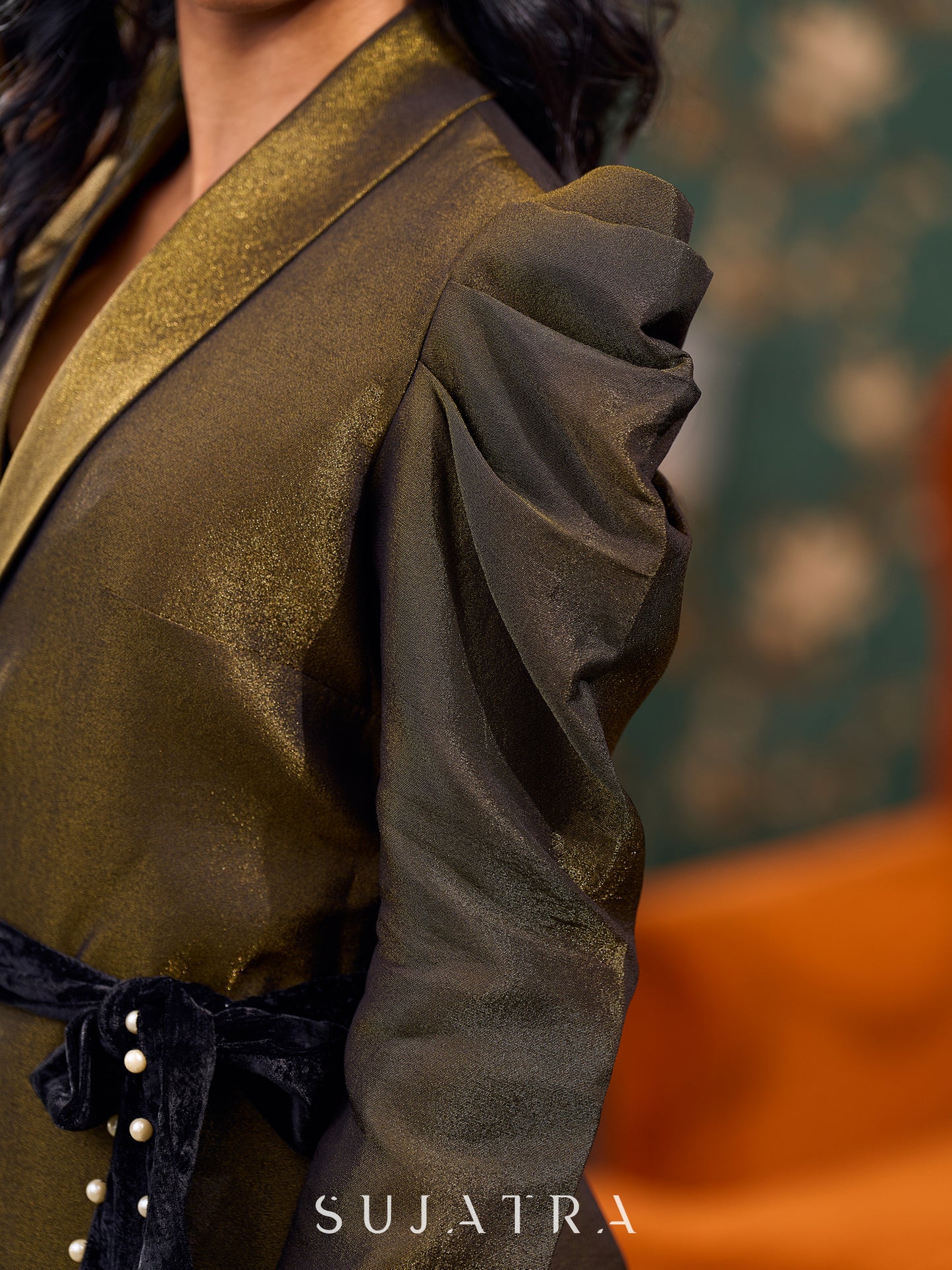 Graceful Black Tissue Shimmer Jacket with Dramatic Puffy Sleeves and Embellished Velvet Waist Belt