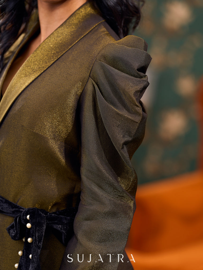 Graceful Black Tissue Shimmer Jacket with Dramatic Puffy Sleeves and Embellished Velvet Waist Belt