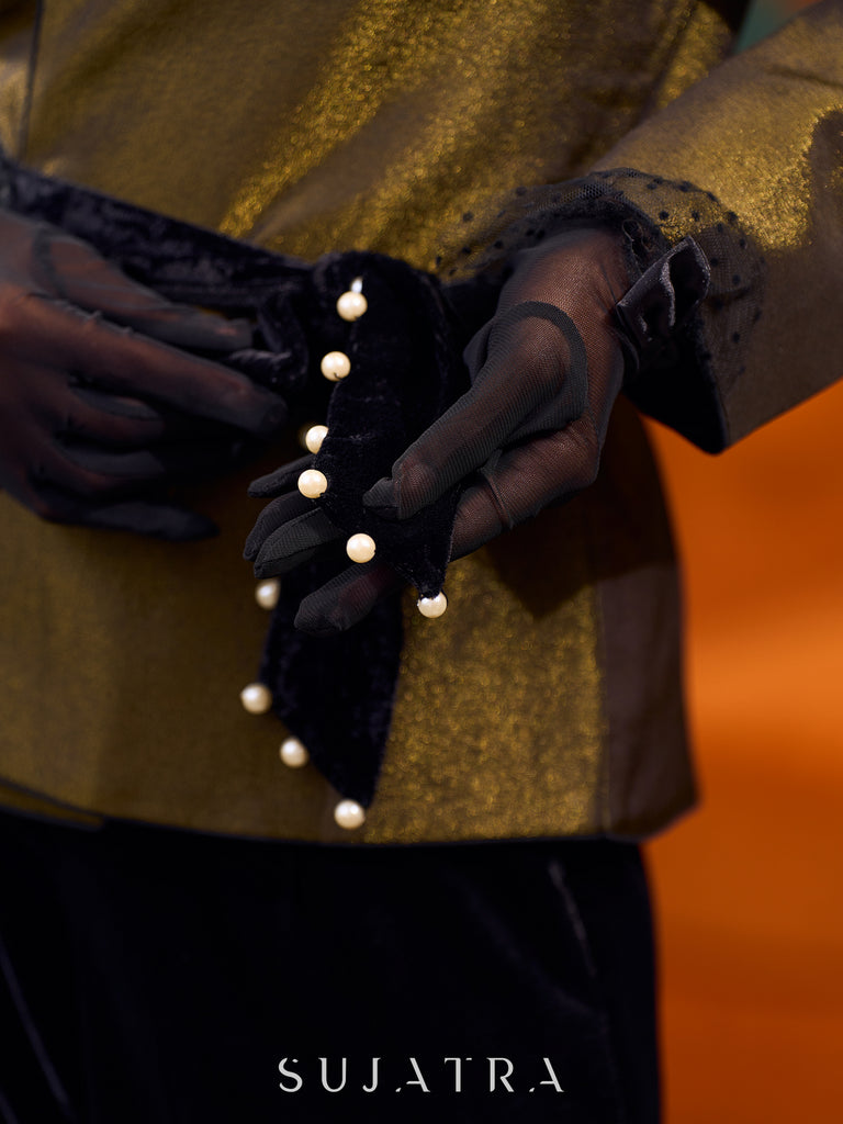 Graceful Black Tissue Shimmer Jacket with Dramatic Puffy Sleeves and Embellished Velvet Waist Belt