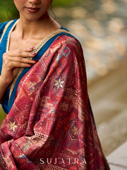 Elegant Navy Blue & Rust Half-and-Half Georgette Saree with Gotapatti Hand Embroidered Pallu