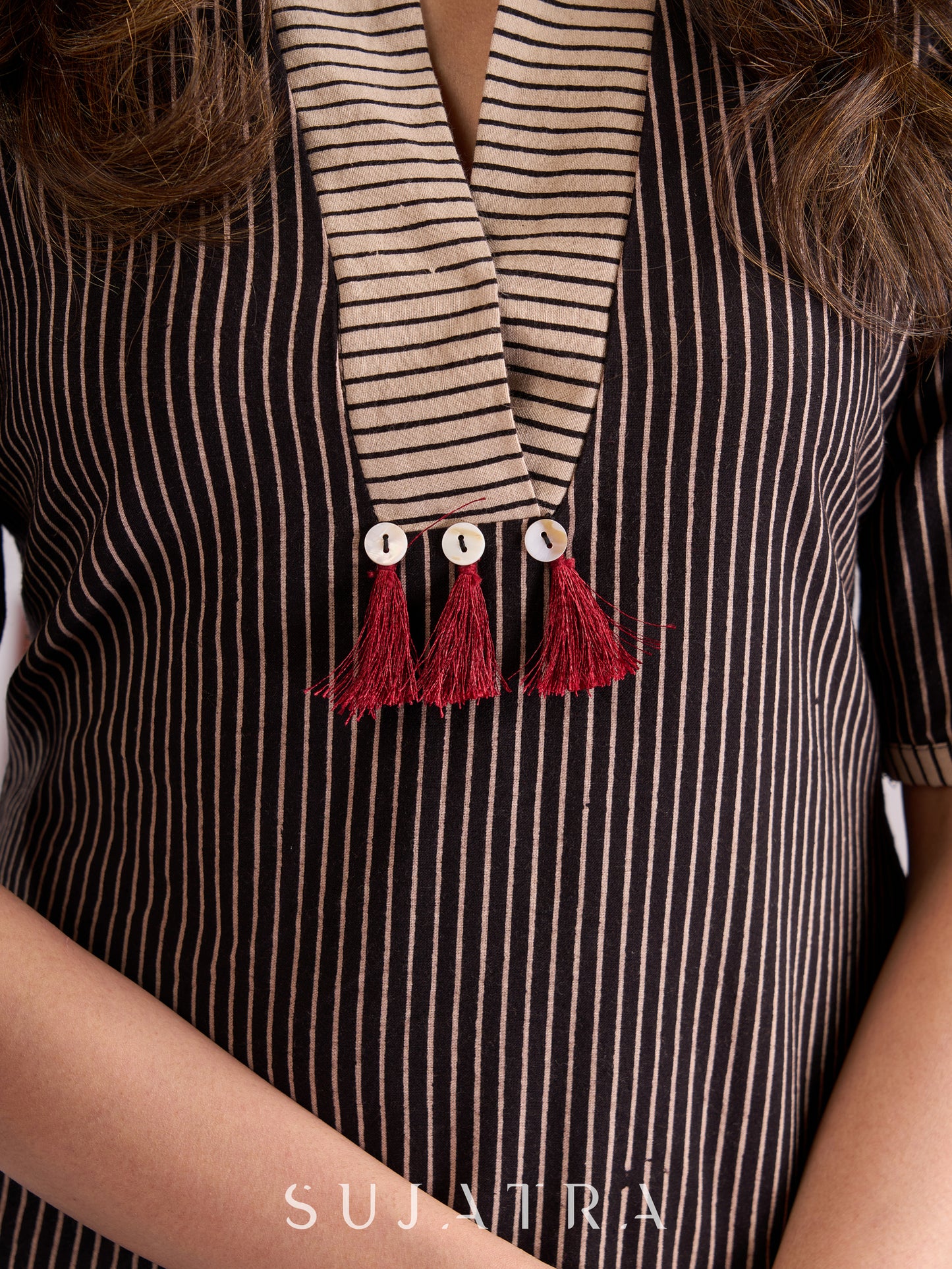 Chic Black & Ecru Striped Cotton Ajrakh Kurta with Elegant Tassel Detailing