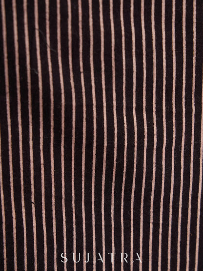Chic Black & Ecru Striped Cotton Ajrakh Kurta with Elegant Tassel Detailing