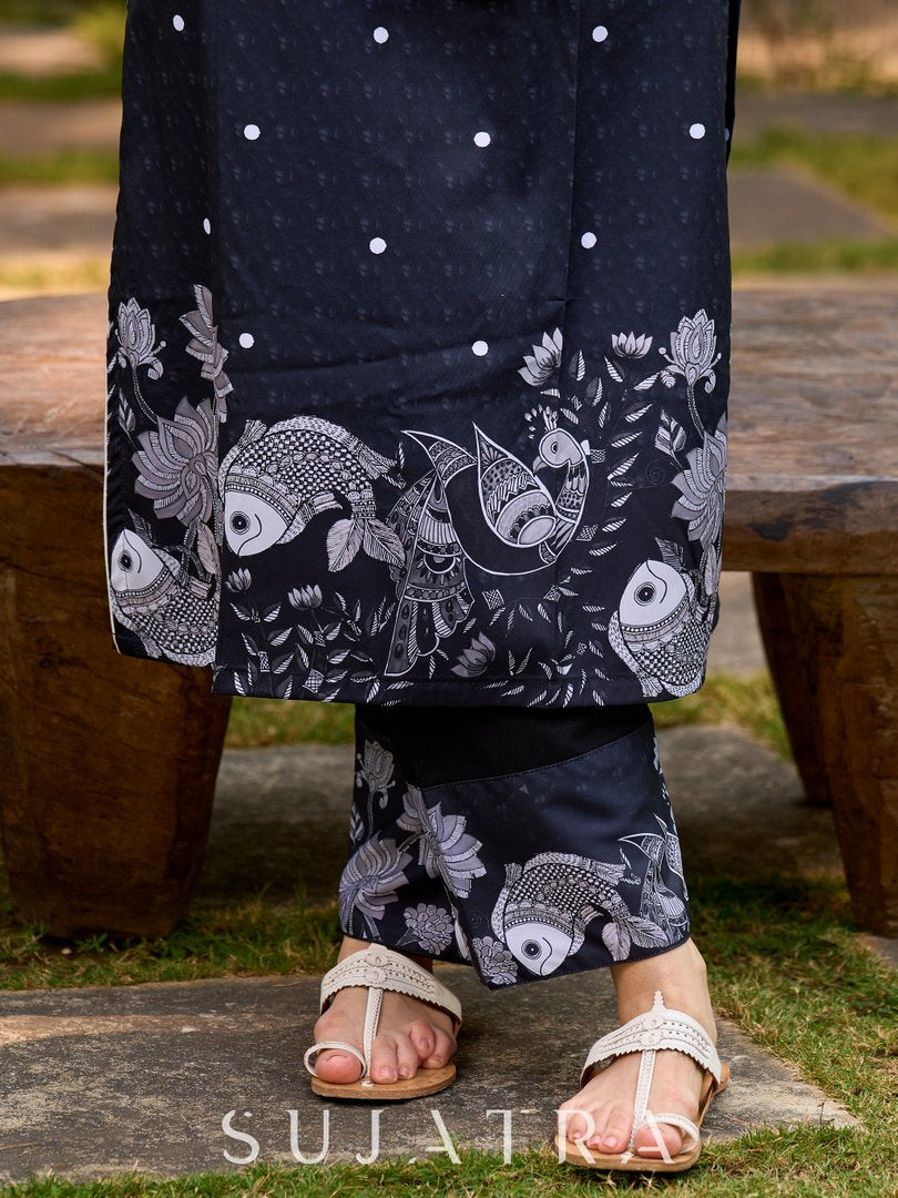 Elegant black pants featuring a handcrafted Madhubani fish border
