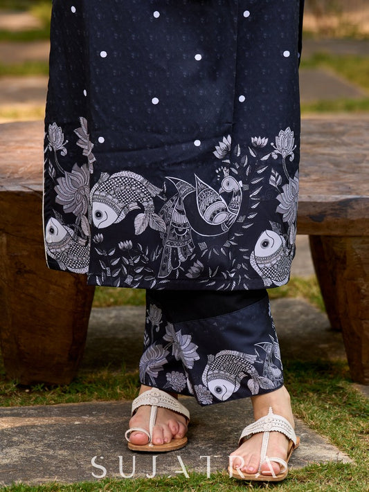 Elegant black pants featuring a handcrafted Madhubani fish border