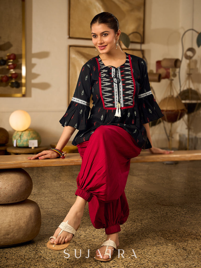 Contemporary Black Printed Cotton Top with Ikat Yoke and Flared Sleeves featuring Ikat Borders