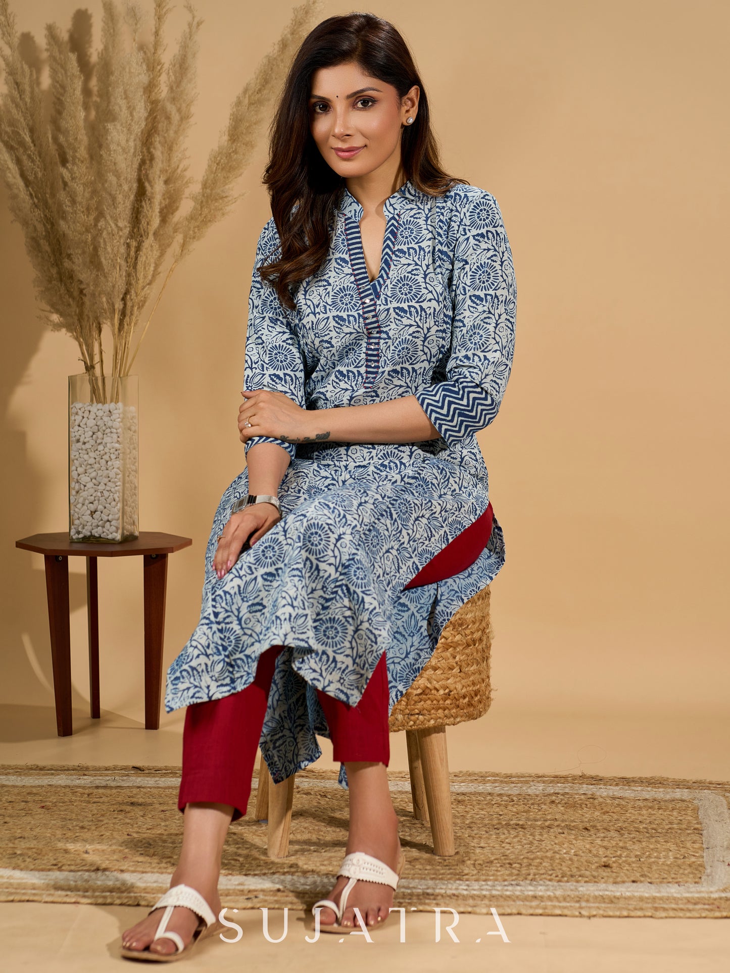 Inky Indigo Kurta with Geometric Collar & Cuffs