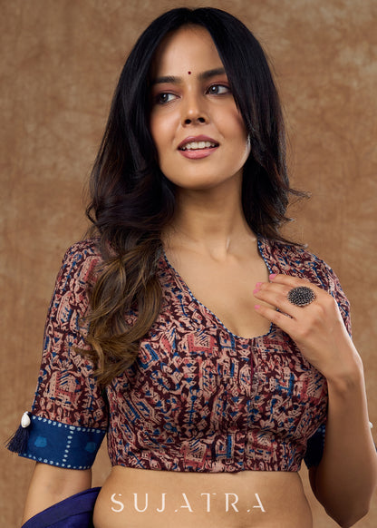 Vintage inspired kalamkari & indigo combination blouse with a modern twist