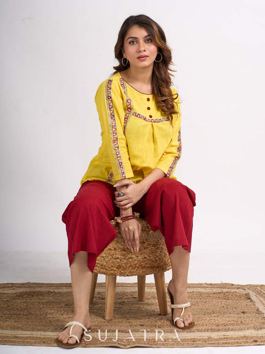 Sunshine Yellow Cotton Contemporary Top with Handcrafted Madhubani Border Highlights