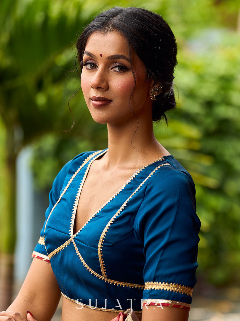 Elegant Navy Blue Georgette Blouse with Gota Lace Detail