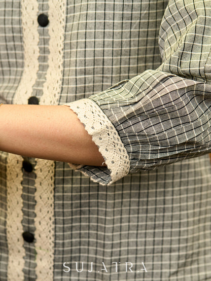 Subtle Grey Ikat Cotton Top with Crochet Borders and Soft Weave Texture