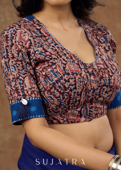 Vintage inspired kalamkari & indigo combination blouse with a modern twist