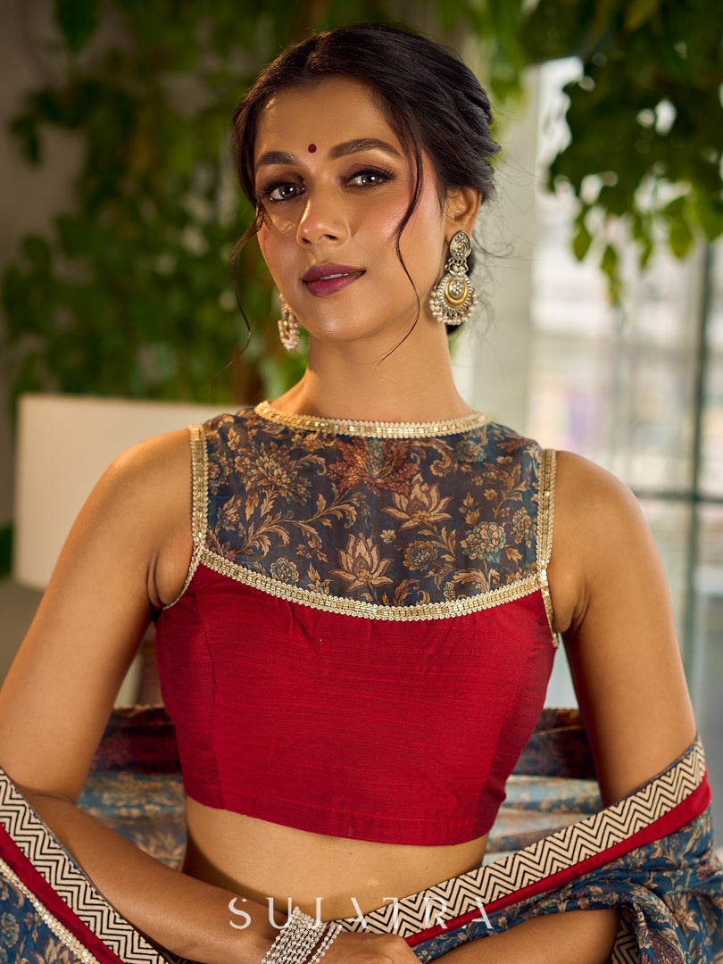 Classic Maroon Cotton Silk Blouse with Kalamkari Printed Yoke and lace detailing