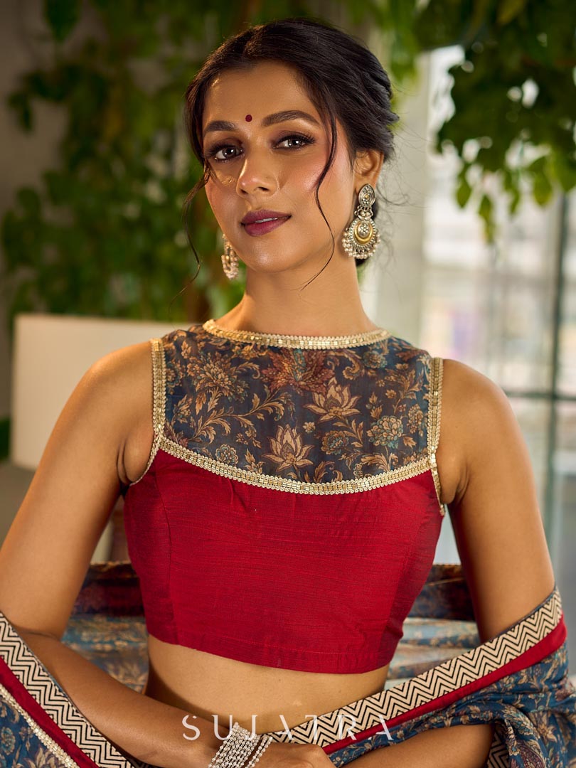 Flourishing Ivory Kalamkari Floral Chanderi Saree with Red Zari-Trimmed Hem & Chevron Border Accent
