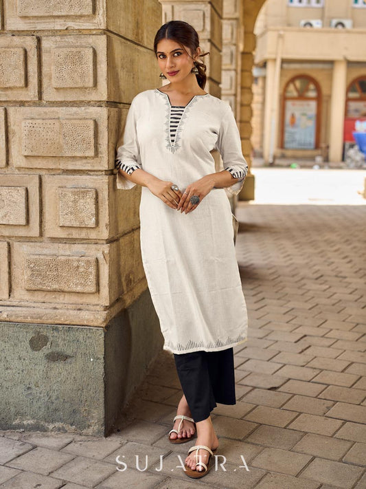 Refined Ivory Straight Kurta with Minimal Geometric Printed Neckline Highlighted with Hand Painting
