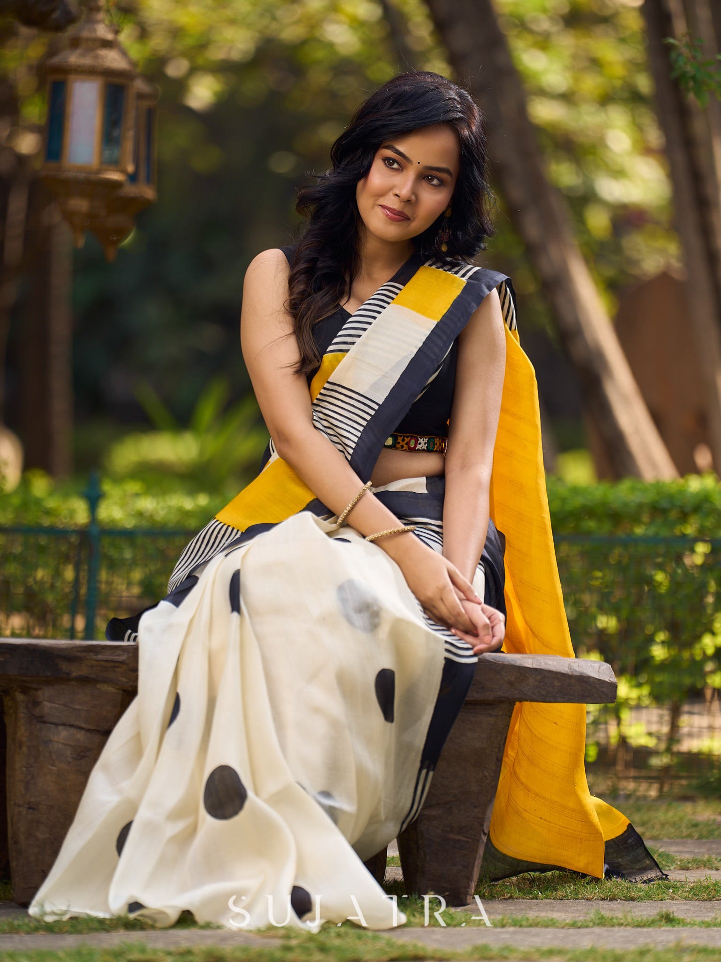 Elegant Geometric Printed Saree Crafted in Striking Mustard & Ivory Tones