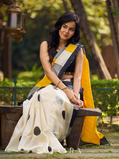 Elegant Geometric Printed Saree Crafted in Striking Mustard & Ivory Tones