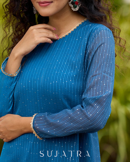 Elegant Blue Ombre Embroidered High-Low Statement Short Kurta - Flared Pants Additional