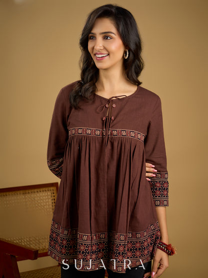 Beautiful  brown cotton ajrakh combination top