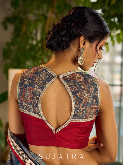 Flourishing Ivory Kalamkari Floral Chanderi Saree with Red Zari-Trimmed Hem & Chevron Border Accent
