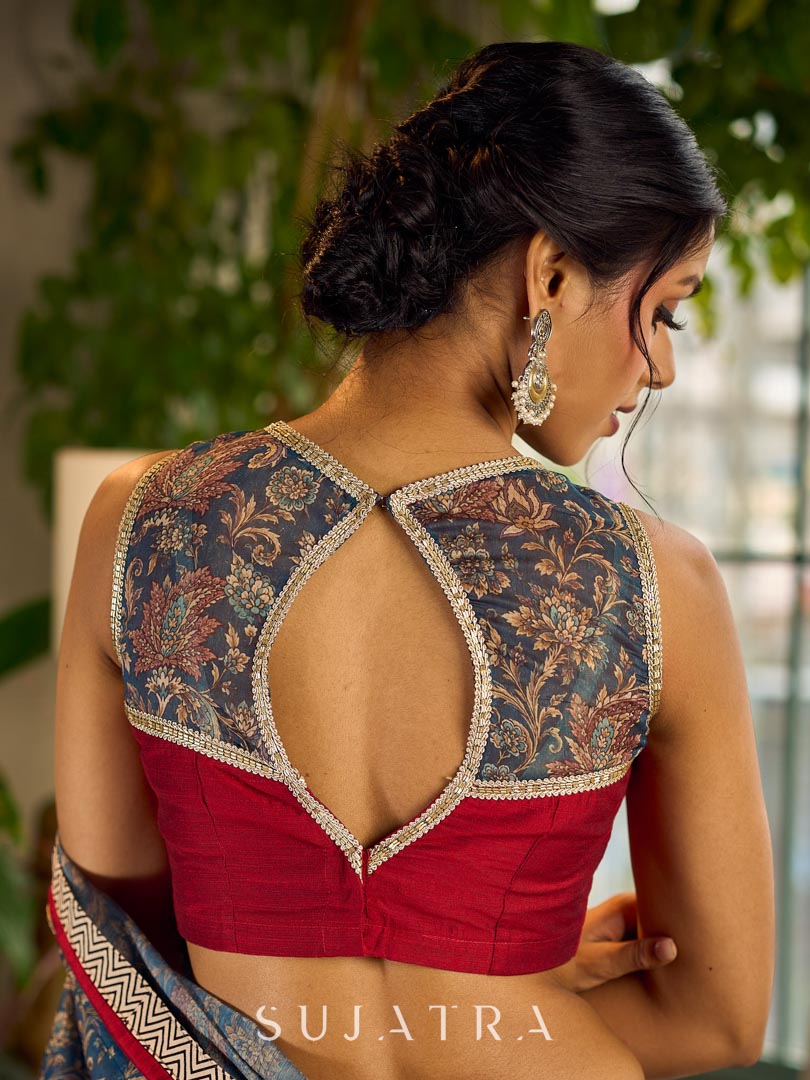 Classic Maroon Cotton Silk Blouse with Kalamkari Printed Yoke and lace detailing