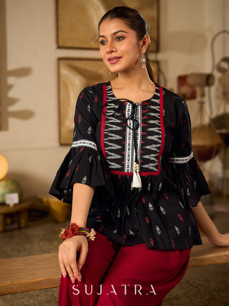 Contemporary Black Printed Cotton Top with Ikat Yoke and Flared Sleeves featuring Ikat Borders