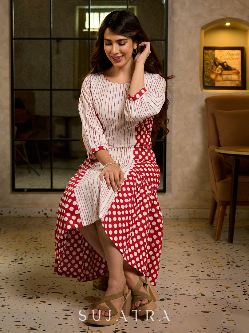 Retro White & Red Hand Block Printed Cotton Dress with Mixed Stripe & Dot Panels & Flounce Hem