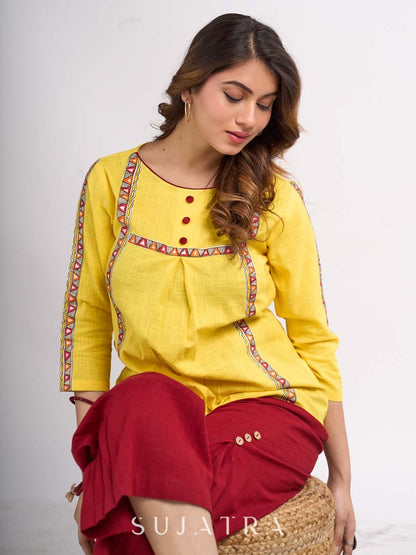 Sunshine Yellow Cotton Contemporary Top with Handcrafted Madhubani Border Highlights