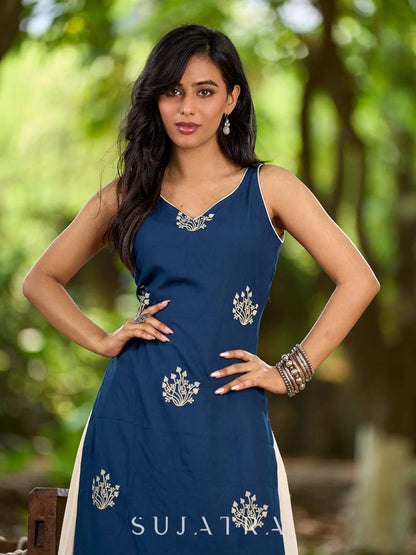 Effortless Navy Blue Rayon Sleeveless Kurta with Subtle Floral Hand Block Design