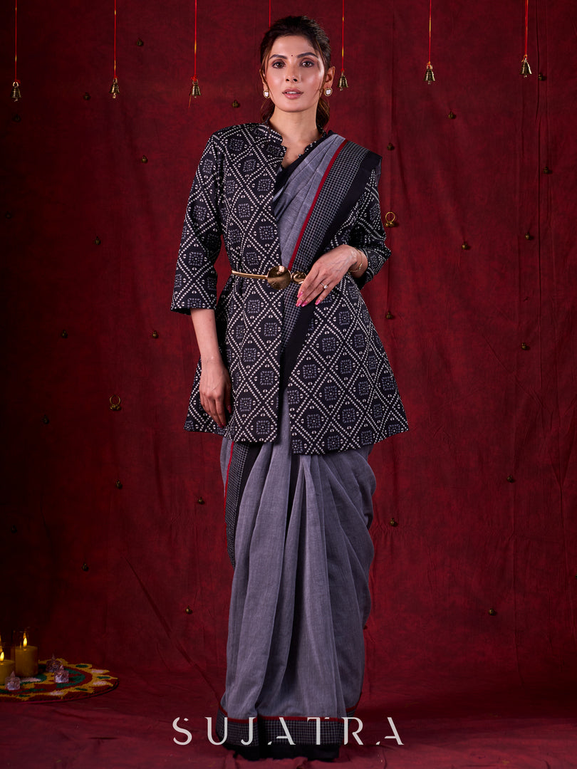 Black Artisanal Bandhani Printed Jacket in Viscose with Mandarin Collar Detailing