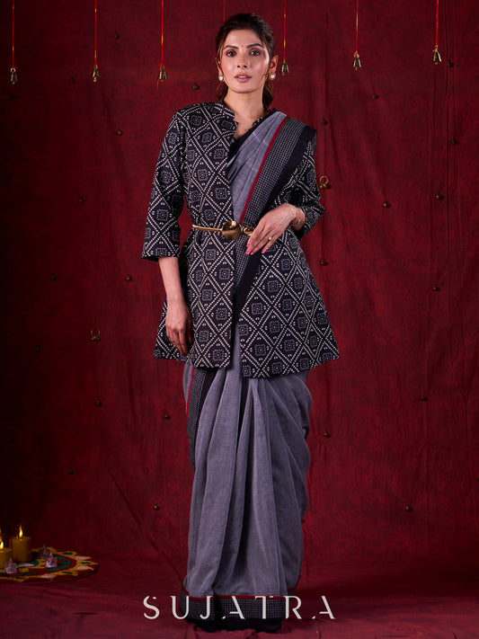 Black Artisanal Bandhani Printed Jacket in Viscose with Mandarin Collar Detailing