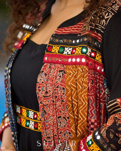 Artisanal Ajrakh Patchwork Boho Jacket with Mirror Embellishments - Dress optional