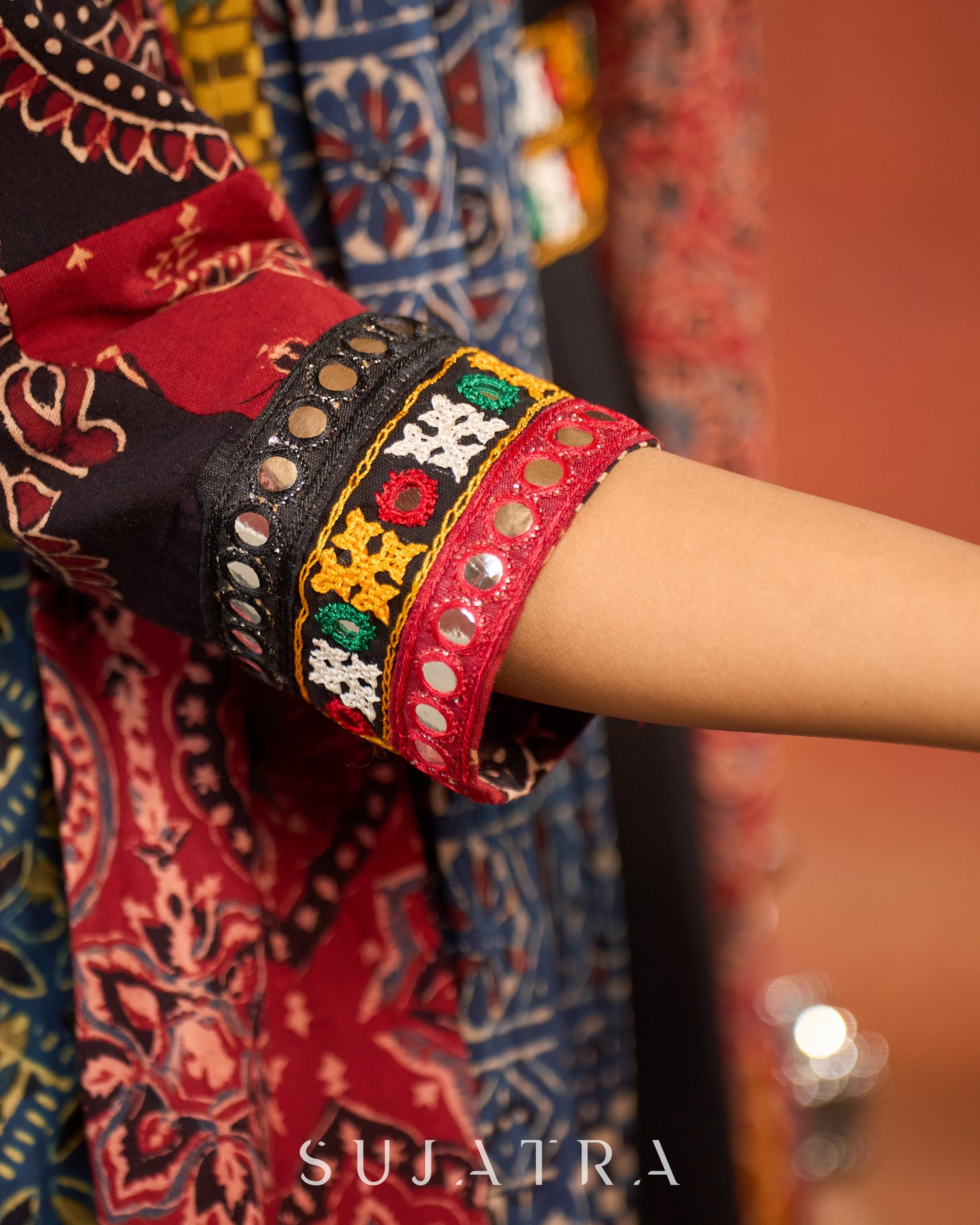 Artisanal Ajrakh Patchwork Boho Jacket with Mirror Embellishments - Dress optional