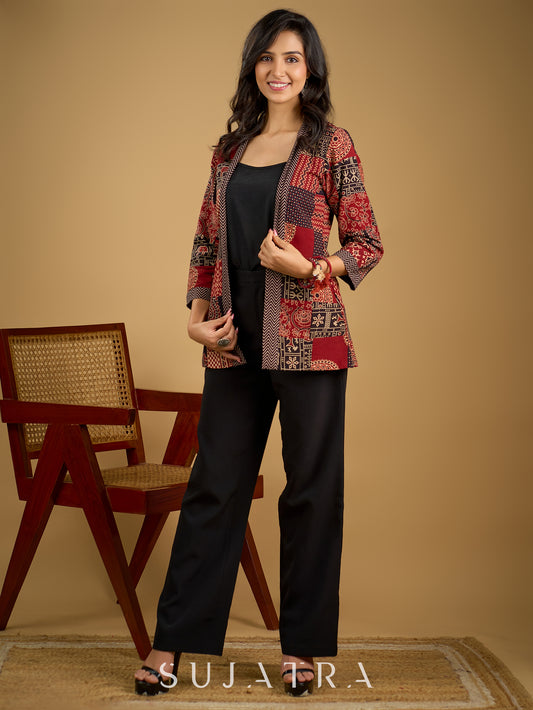 Handcrafted Ajrakh patchwork cotton jacket with cotton slub inner.