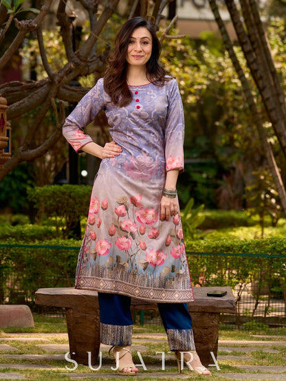 Chic grey kurta adorned with artistic abstract Pichwai print
