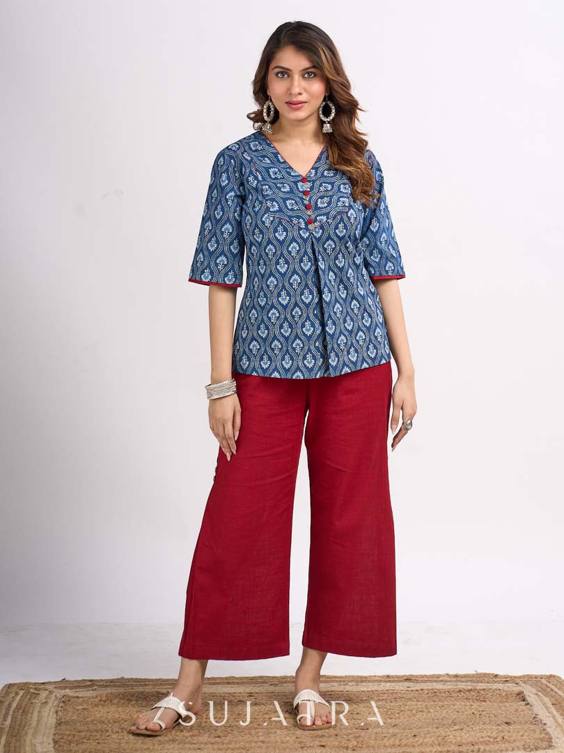 Indigo Floral Printed Summer Top with Contrasting Maroon Highlights