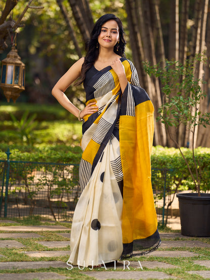 Elegant Geometric Printed Saree Crafted in Striking Mustard & Ivory Tones