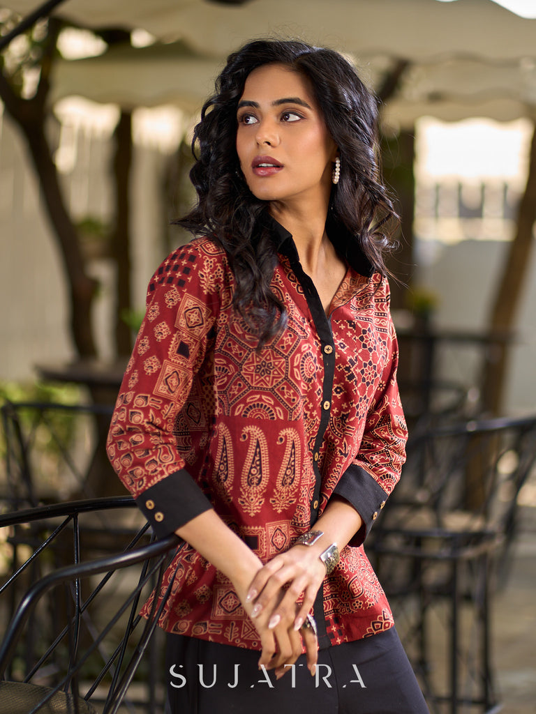 Artisan Maroon Ajrakh Patchwork Printed Cotton Shirt with Contrast Collar & Cuffs