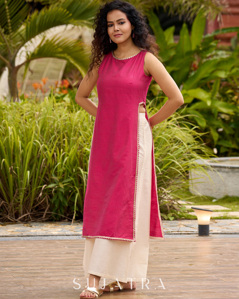 Elegant Striped Kurta in Pink with High Slit - Flared Pants Additional